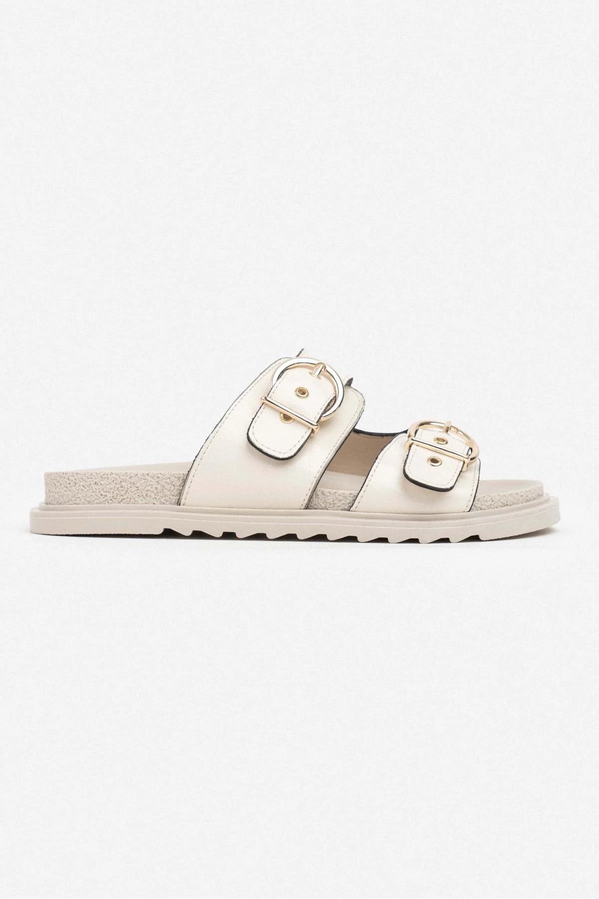 Simon Beige Wrinkled Matte Two Buckled Flat Sole Women's Slippers