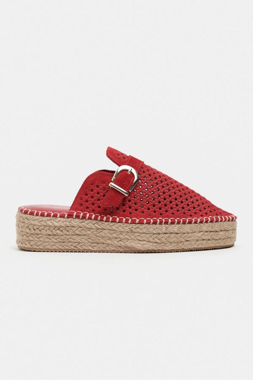 MAREN Red Suede Leather Laser-Cut Buckle Detail Wedge Sole Women's Espadrille Sandals
