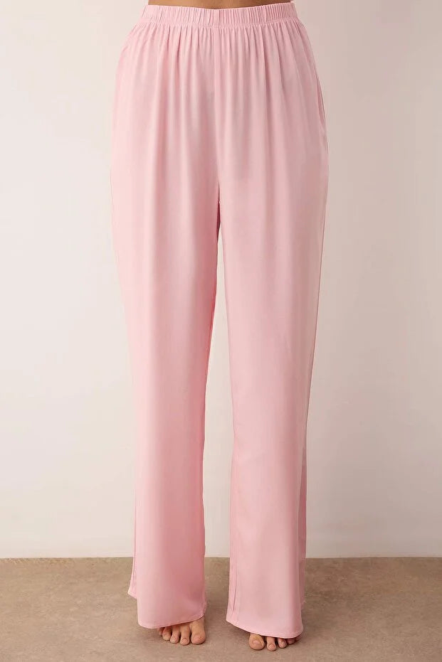 Pink Plain Ribbon Shally Woven Pajama Set