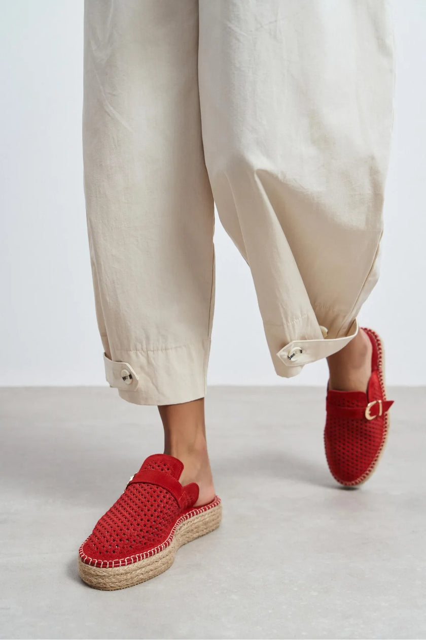 MAREN Red Suede Leather Laser-Cut Buckle Detail Wedge Sole Women's Espadrille Sandals