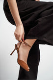 VELORA Tan Matte Square Toe Open Front Ankle Strap Women’s Heeled Shoes