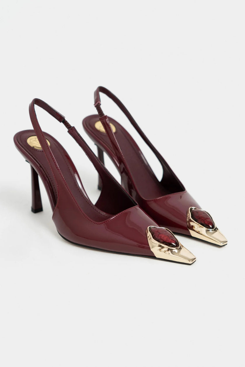 VIPER Burgundy Patent Leather Gold Frame Stone Accessory Pointed Toe Women’s Heel Shoes