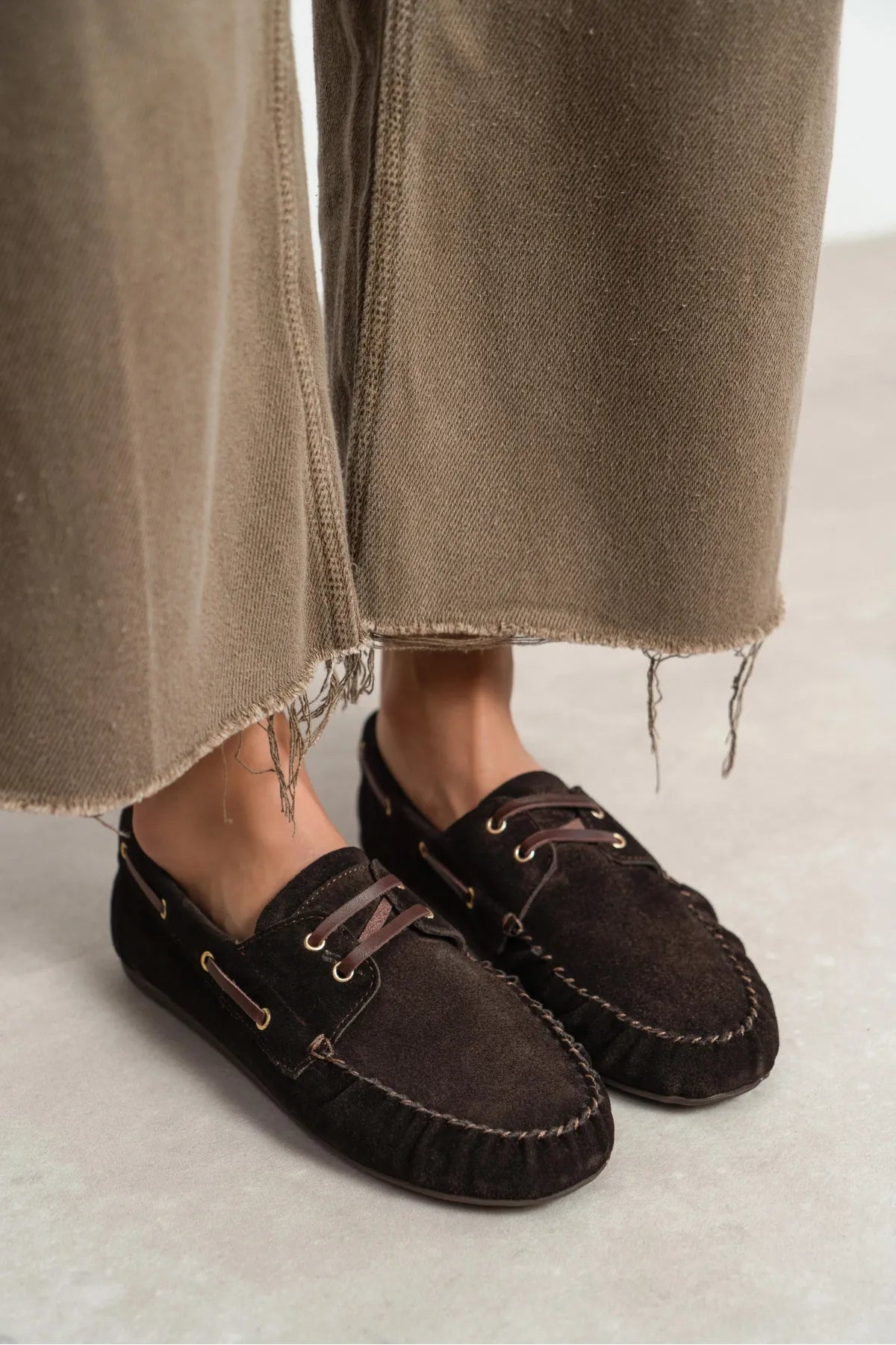 DOBY Coffee Suede Genuine Leather Lace-Up Women’s Loafer Shoes