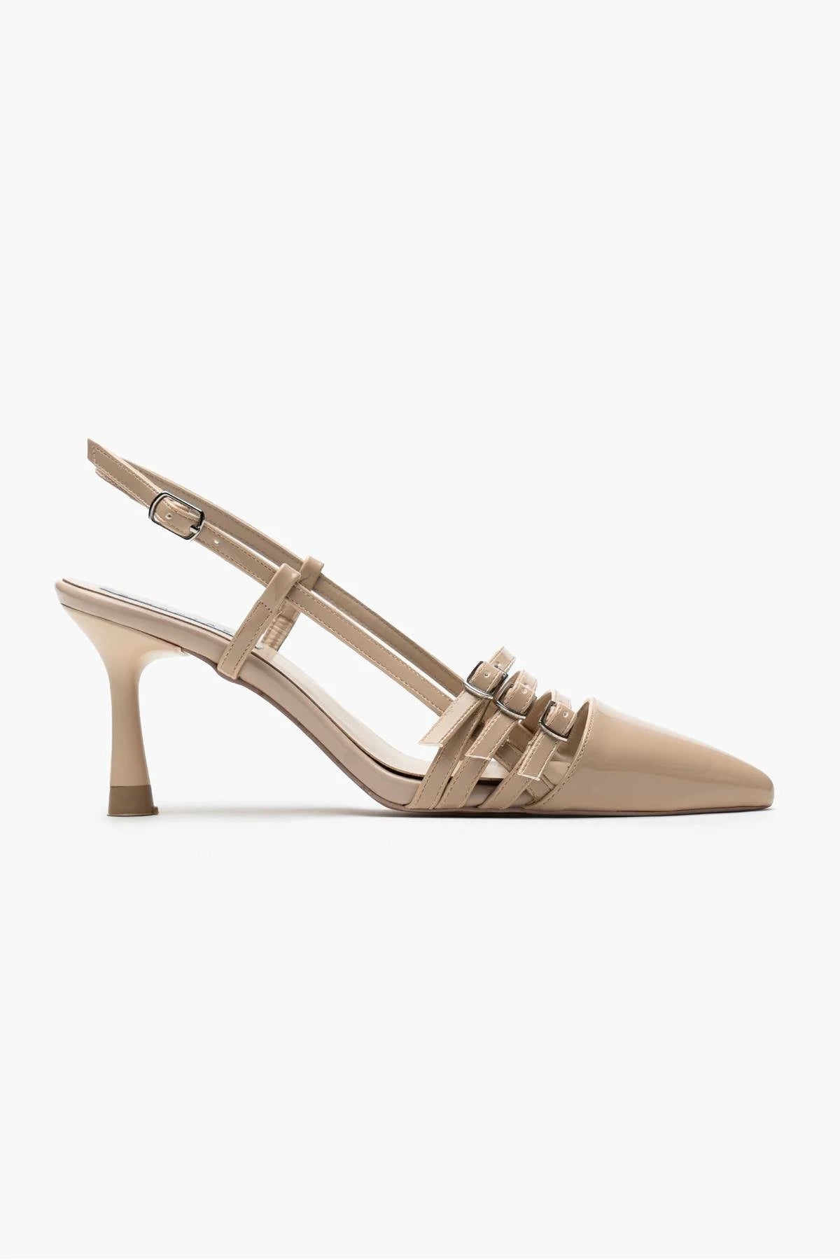 Andrina Beige Patent Leather Belt Detail Ankle-Tied Women's High Heel Shoes