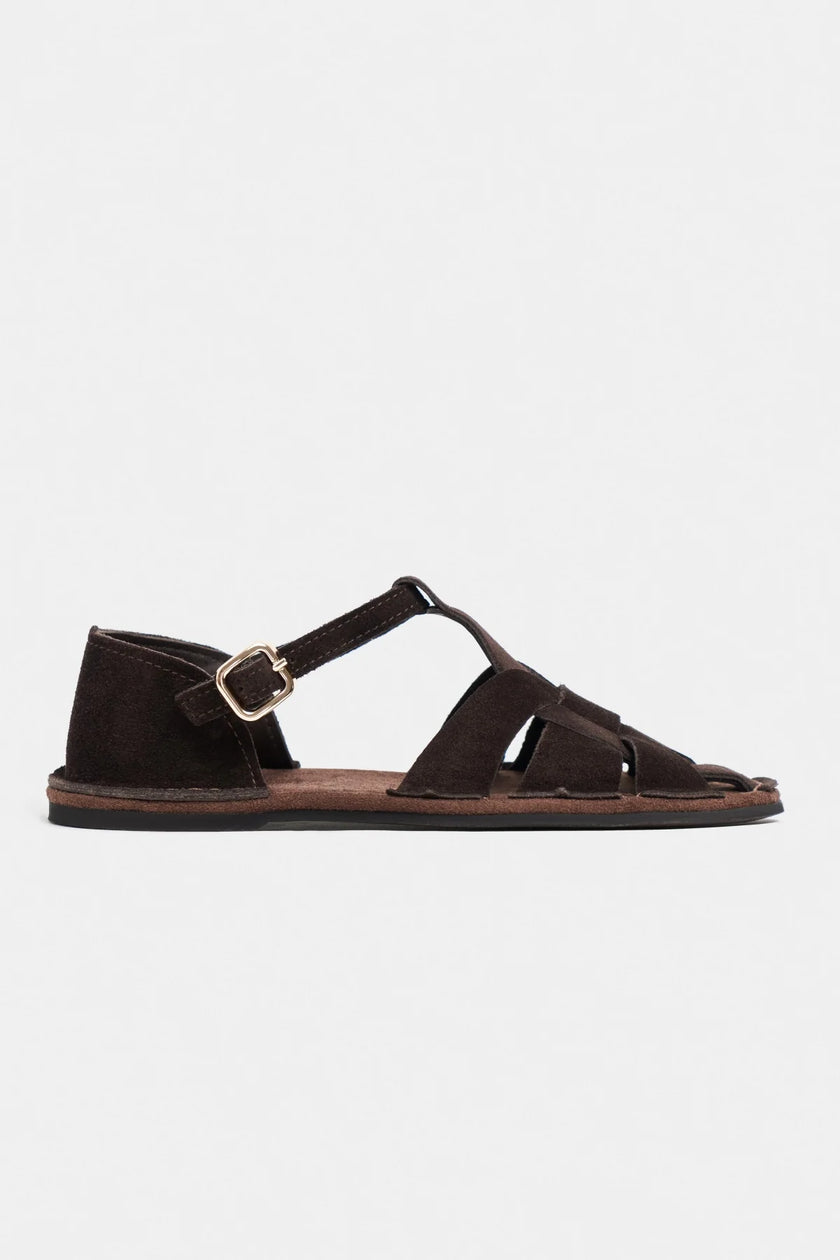 SOLTO Coffee Suede Leather Buckle Detail Flat Women’s Sandals