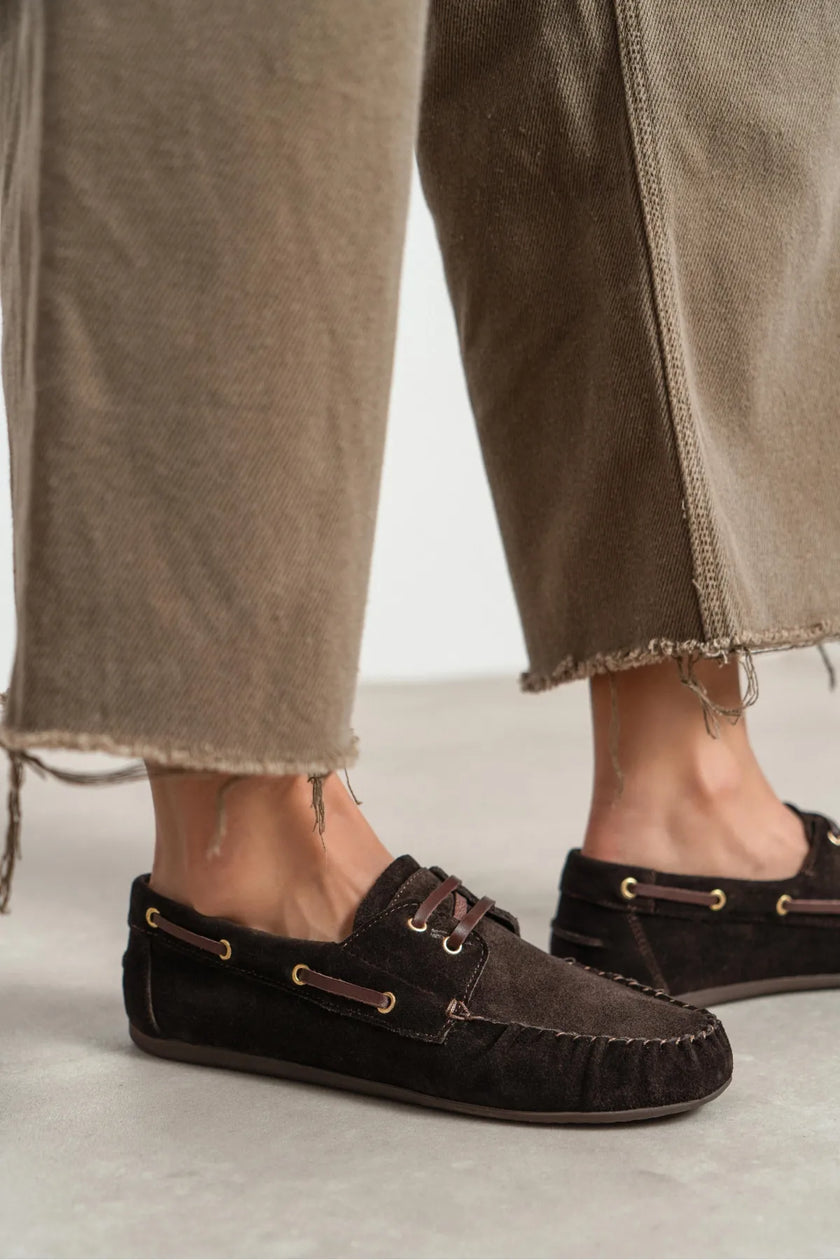 DOBY Coffee Suede Genuine Leather Lace-Up Women’s Loafer Shoes