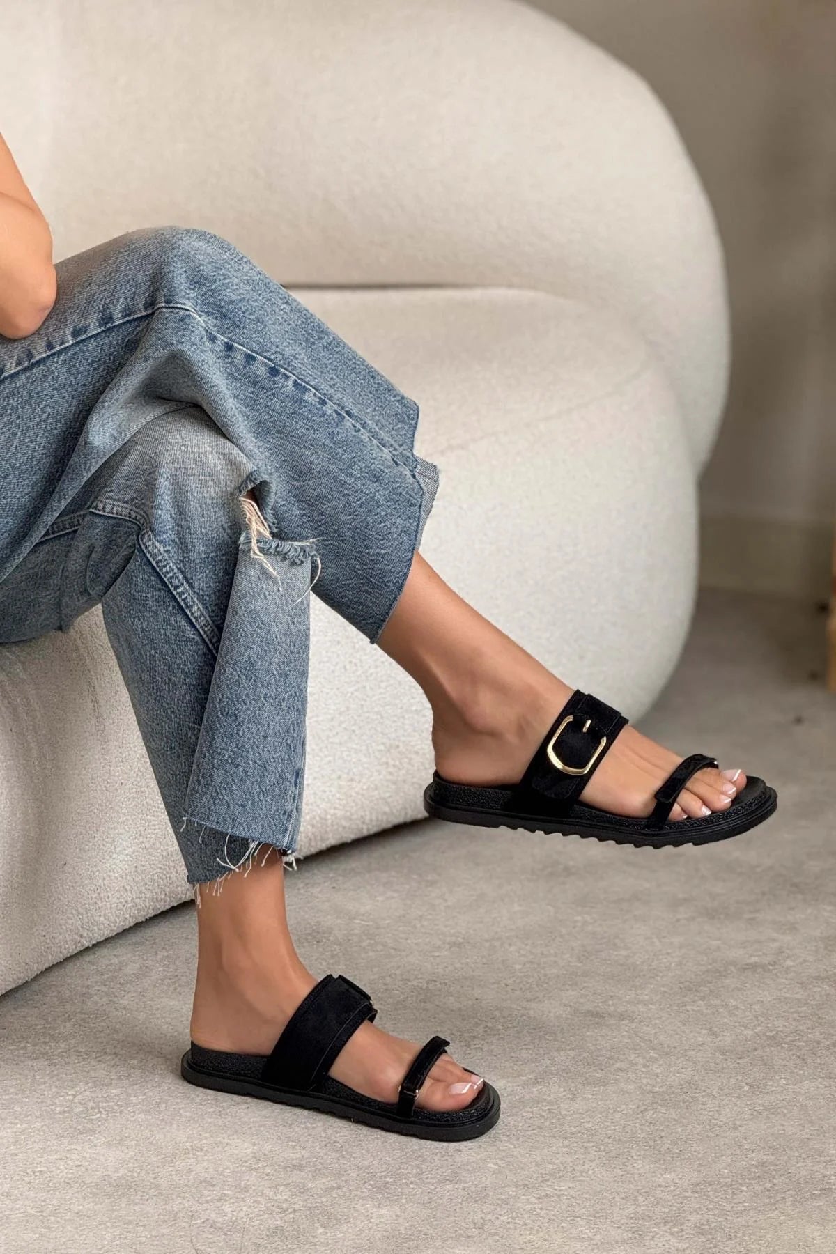 Pinky Black Suede Buckle Detail Velcro Flat Sole Women's Slippers