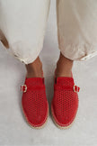 MAREN Red Suede Leather Laser-Cut Buckle Detail Wedge Sole Women's Espadrille Sandals