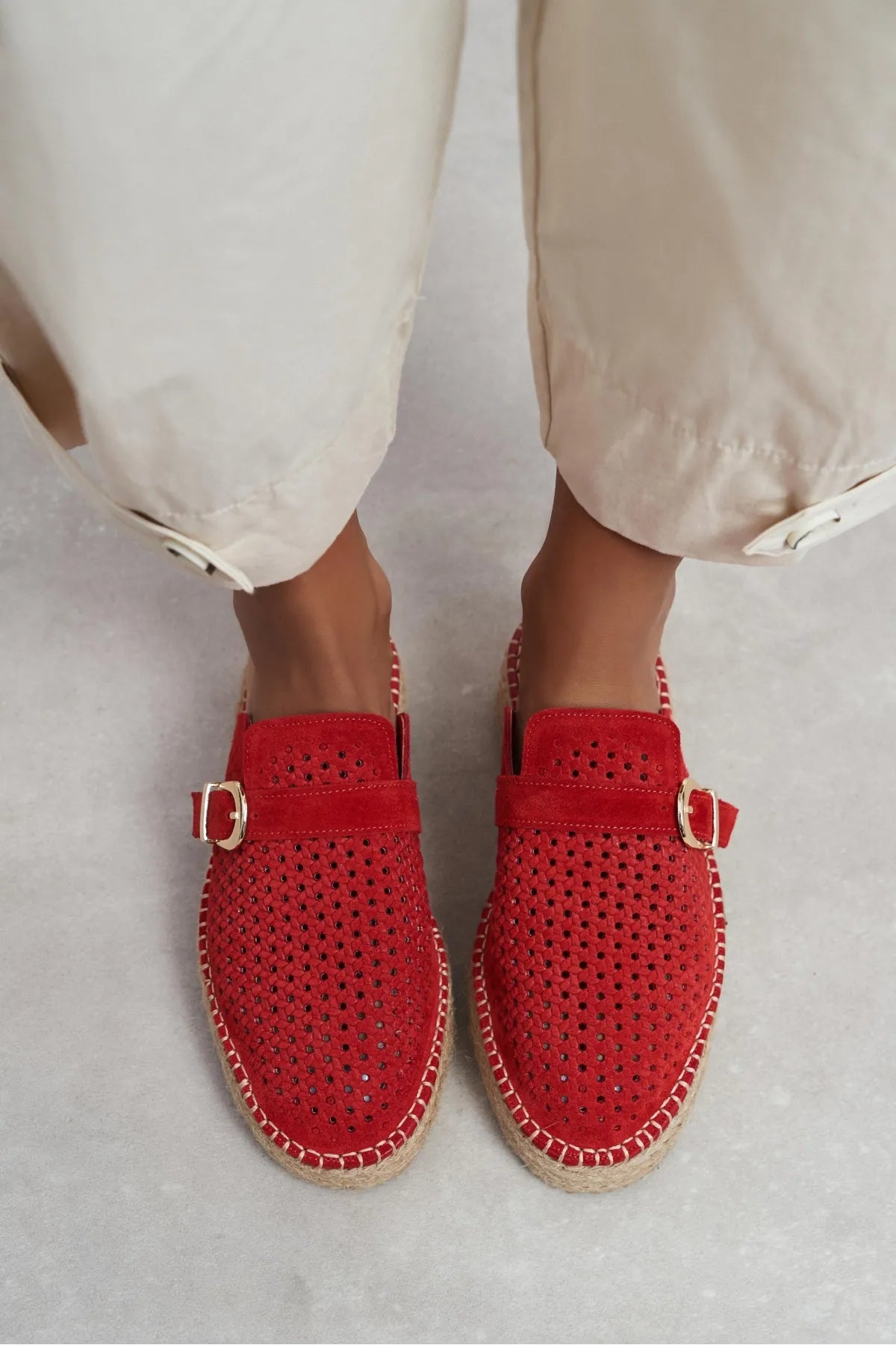 MAREN Red Suede Leather Laser-Cut Buckle Detail Wedge Sole Women's Espadrille Sandals