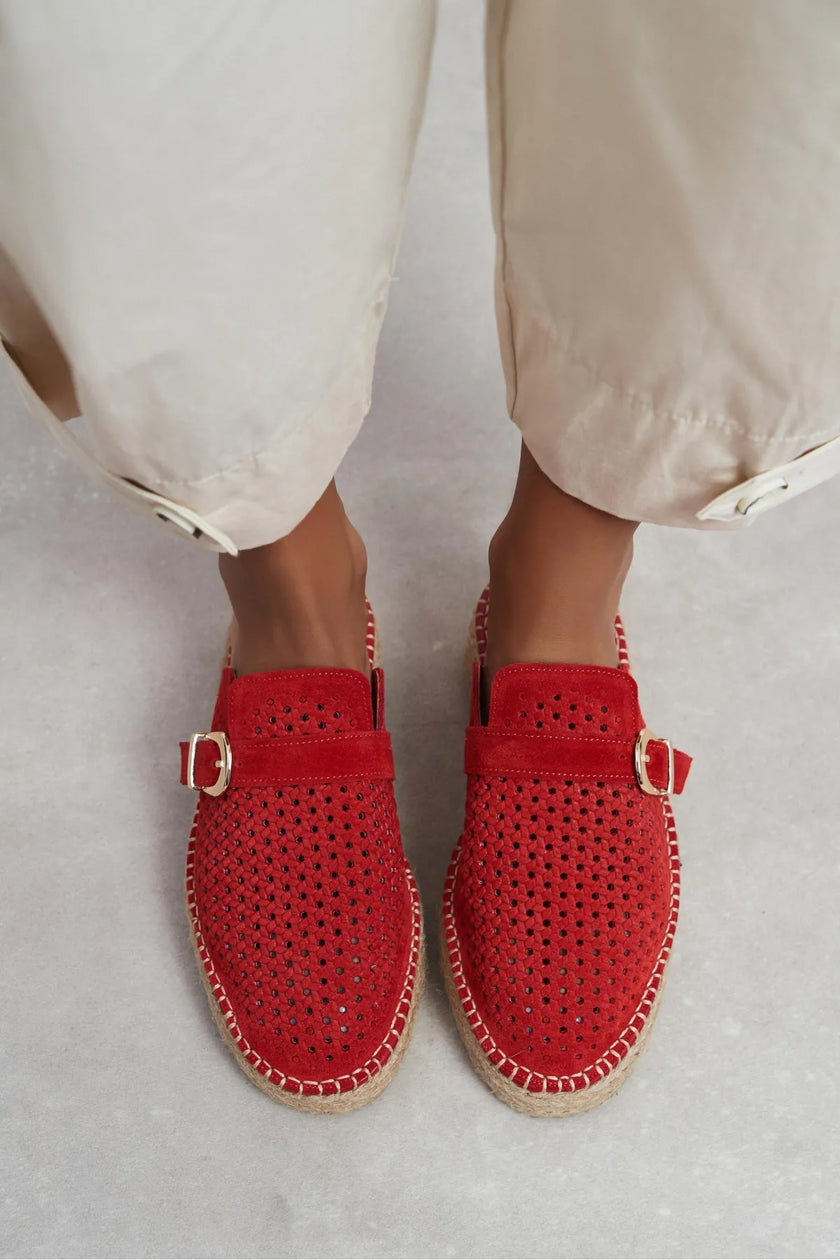 MAREN Red Suede Leather Laser-Cut Buckle Detail Wedge Sole Women's Espadrille Sandals