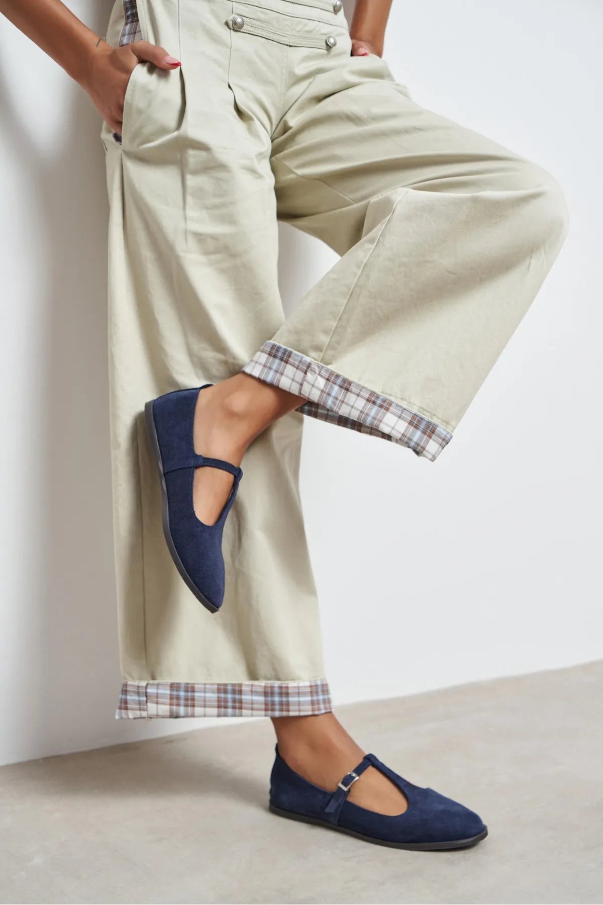 Mabel Navy Blue Genuine Suede Leather Buckle Detail Flat Women's Ballet Flats