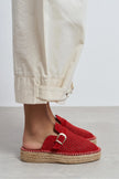 MAREN Red Suede Leather Laser-Cut Buckle Detail Wedge Sole Women's Espadrille Sandals