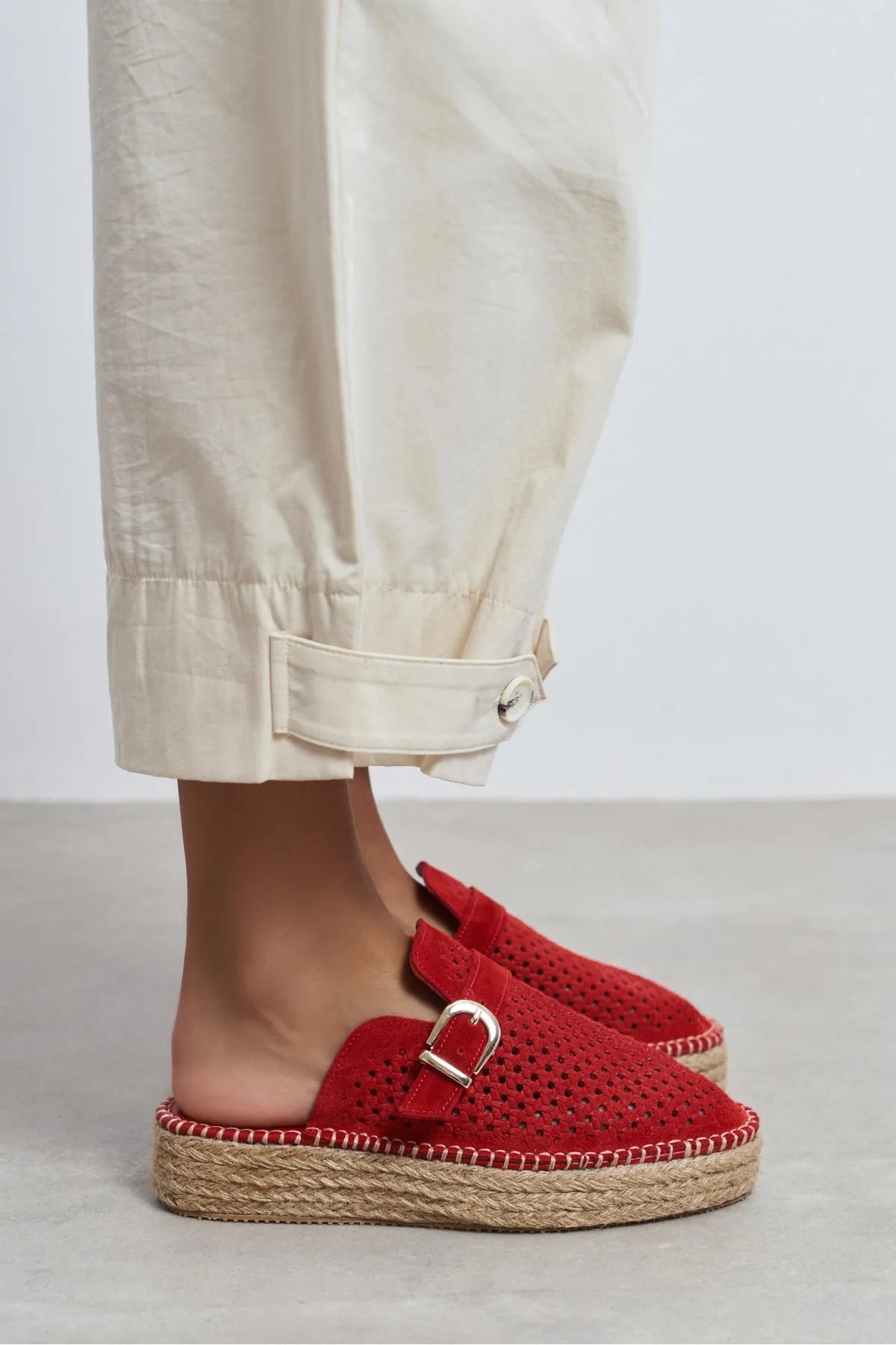 MAREN Red Suede Leather Laser-Cut Buckle Detail Wedge Sole Women's Espadrille Sandals