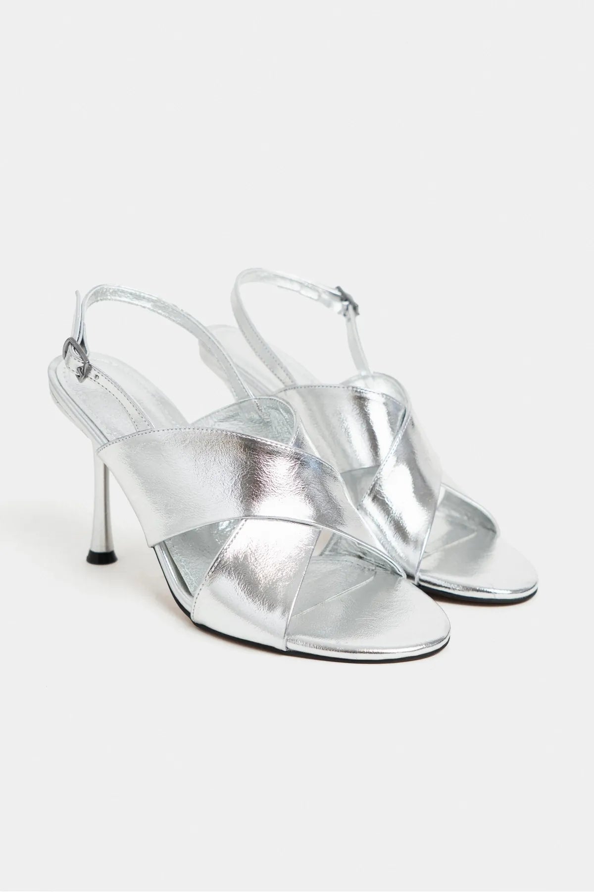 ZOYA Silver Crinkled Cross Strap Women’s Thin Heel Sandals | FOOTWEAR | Heels | Lebbse ZOYA Silver Crinkled Cross Strap Women’s Thin Heel Sandals | FOOTWEAR | Heels | Lebbse