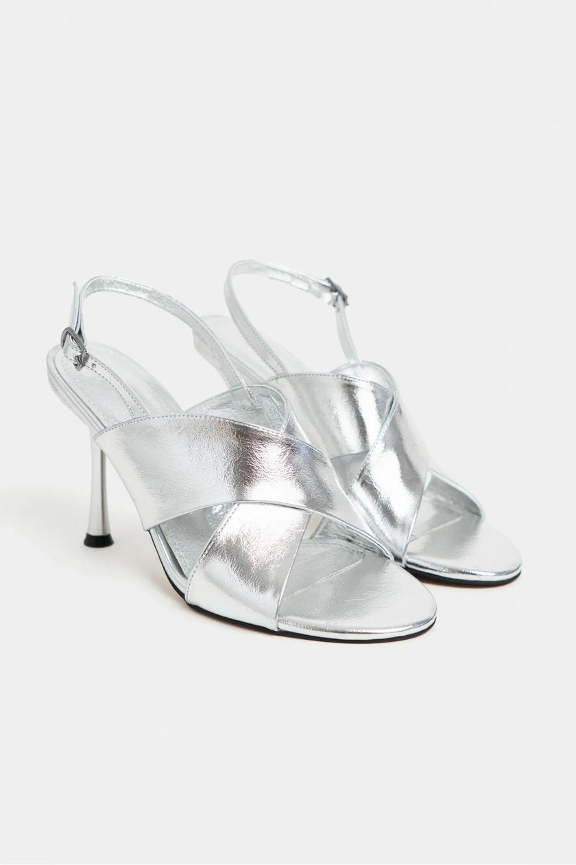 ZOYA Silver Crinkled Cross Strap Women’s Thin Heel Sandals
