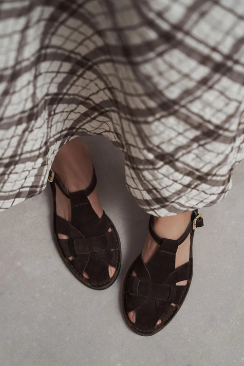 SOLTO Coffee Suede Leather Buckle Detail Flat Women’s Sandals