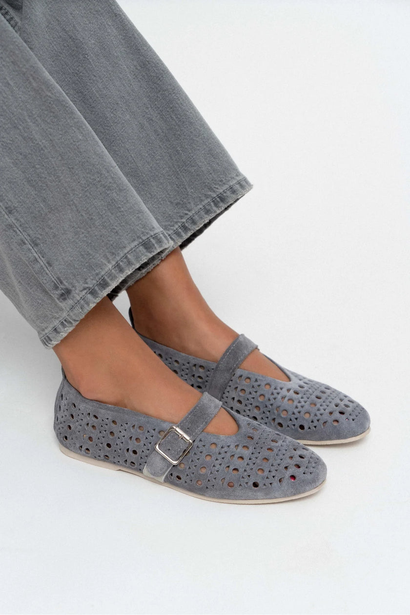 PATTER STONE SUEDE STUDDED GENUINE LEATHER BUCKLE DETAIL FLAT SOLE WOMEN'S BALLERINA