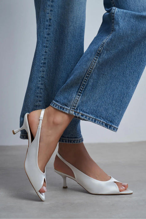 SALVA Pearl Satin Pointed Toe Open Front Women’s Heels