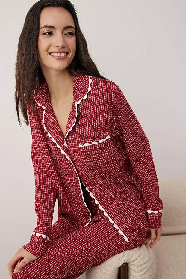 Burgundy Plaid/Checked Shally Woven Pajama Set | Home Wear | Pajamas | Lebbse Burgundy Plaid/Checked Shally Woven Pajama Set | Home Wear | Pajamas | Lebbse
