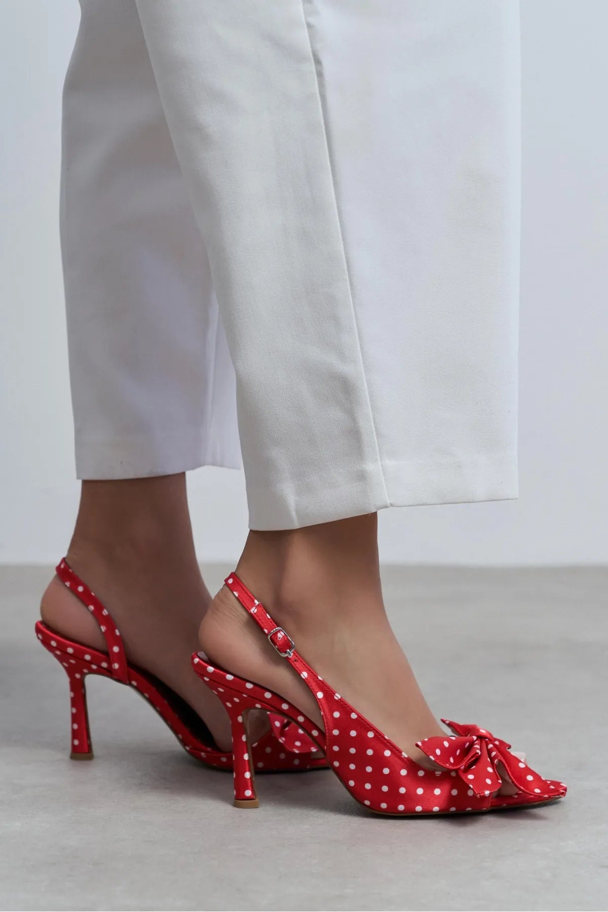 LOREA Red Satin Polka Dot Bow Detail Women’s High-Heel Shoes