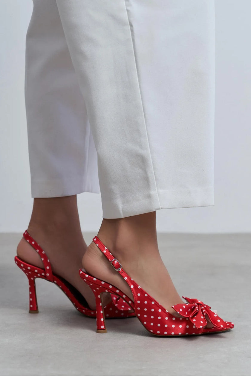 LOREA Red Satin Polka Dot Bow Detail Women’s High-Heel Shoes