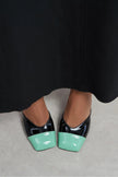 SOLEA BLACK PATENT & GREEN TOE DETAIL BLOCK HEEL WOMEN’S SHOES