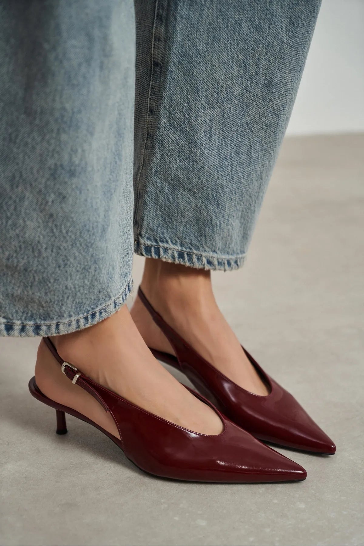 DOREY Burgundy Patent Leather Ankle Buckle Detail Women’s Heel Shoes