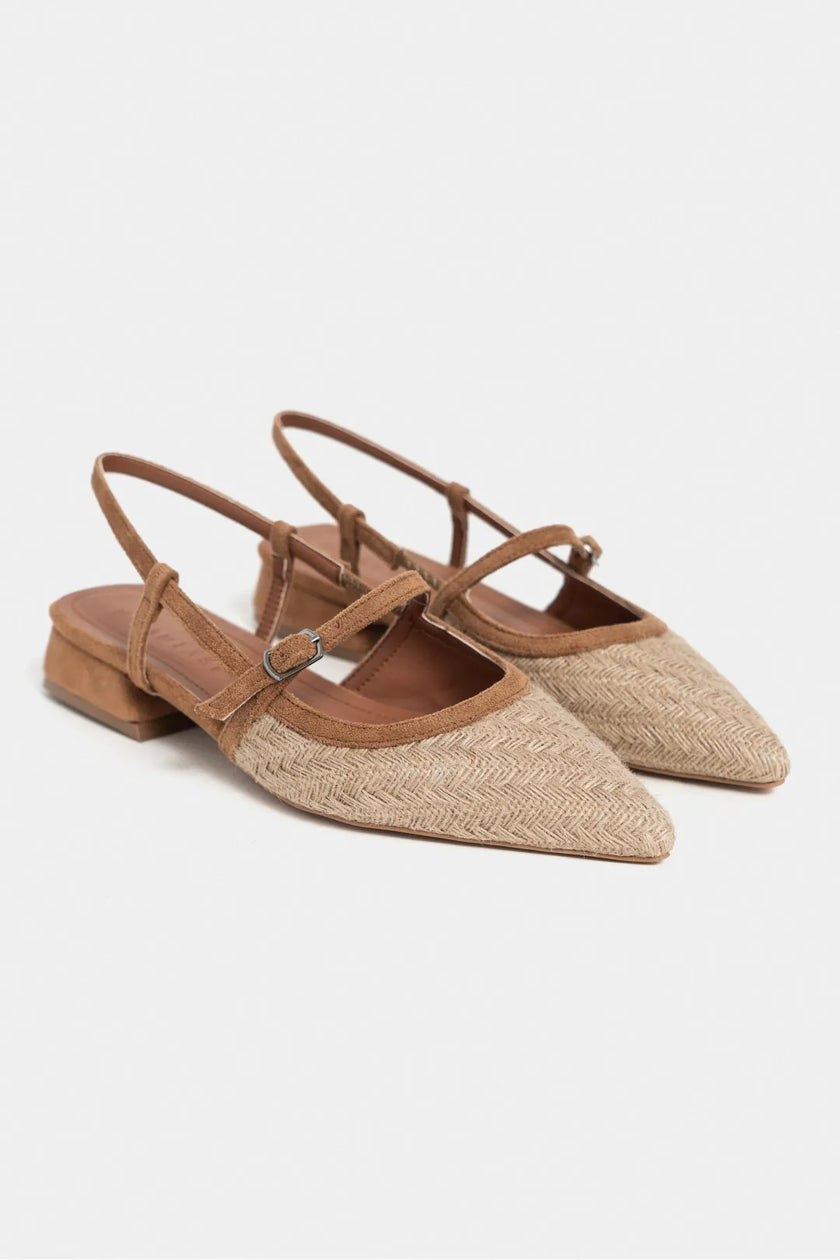 X-HARMONY Tan Straw Pointed Toe Buckle Detail Women’s Low Heel Ballet Shoes