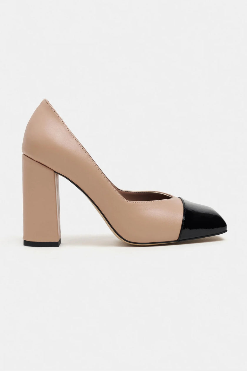 EMILY NUDE & BLACK CAP-TOE BLOCK HEEL WOMEN’S SHOE