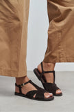 DESSAS BITTER BROWN SUEDE GENUINE LEATHER BUCKLE DETAIL WOMEN’S FLAT OPEN-TOE SANDALS