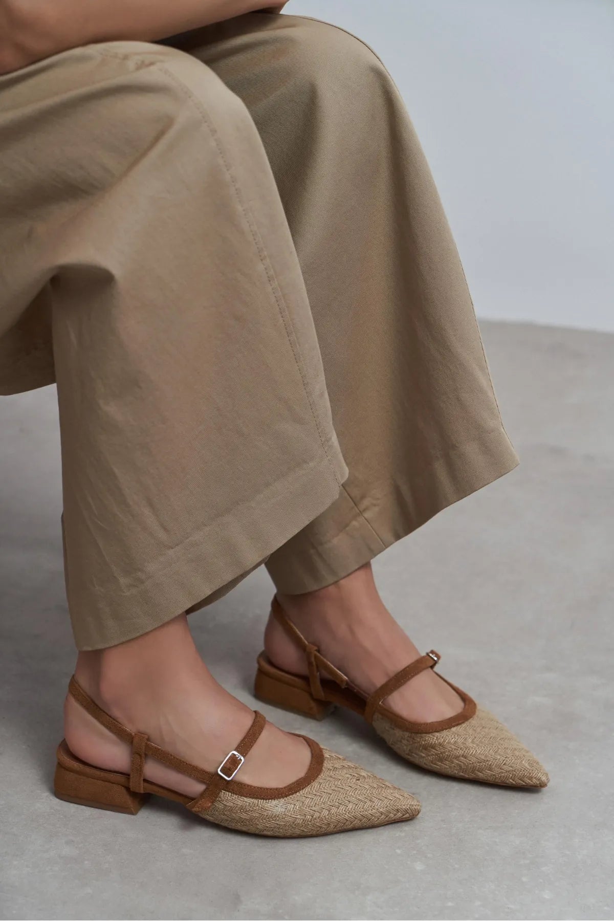 X-HARMONY Tan Straw Pointed Toe Buckle Detail Women’s Low Heel Ballet Shoes