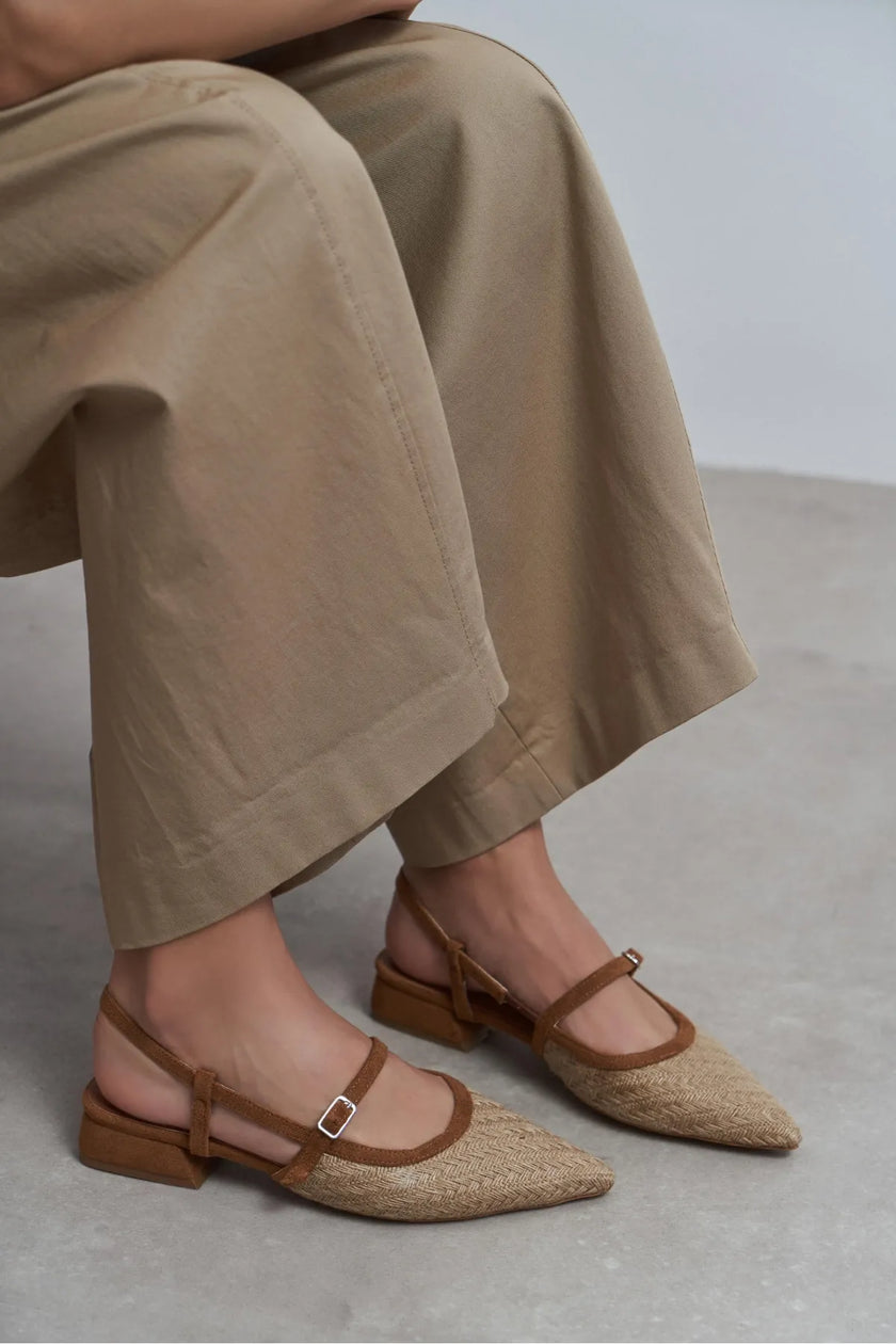 X-HARMONY Tan Straw Pointed Toe Buckle Detail Women’s Low Heel Ballet Shoes
