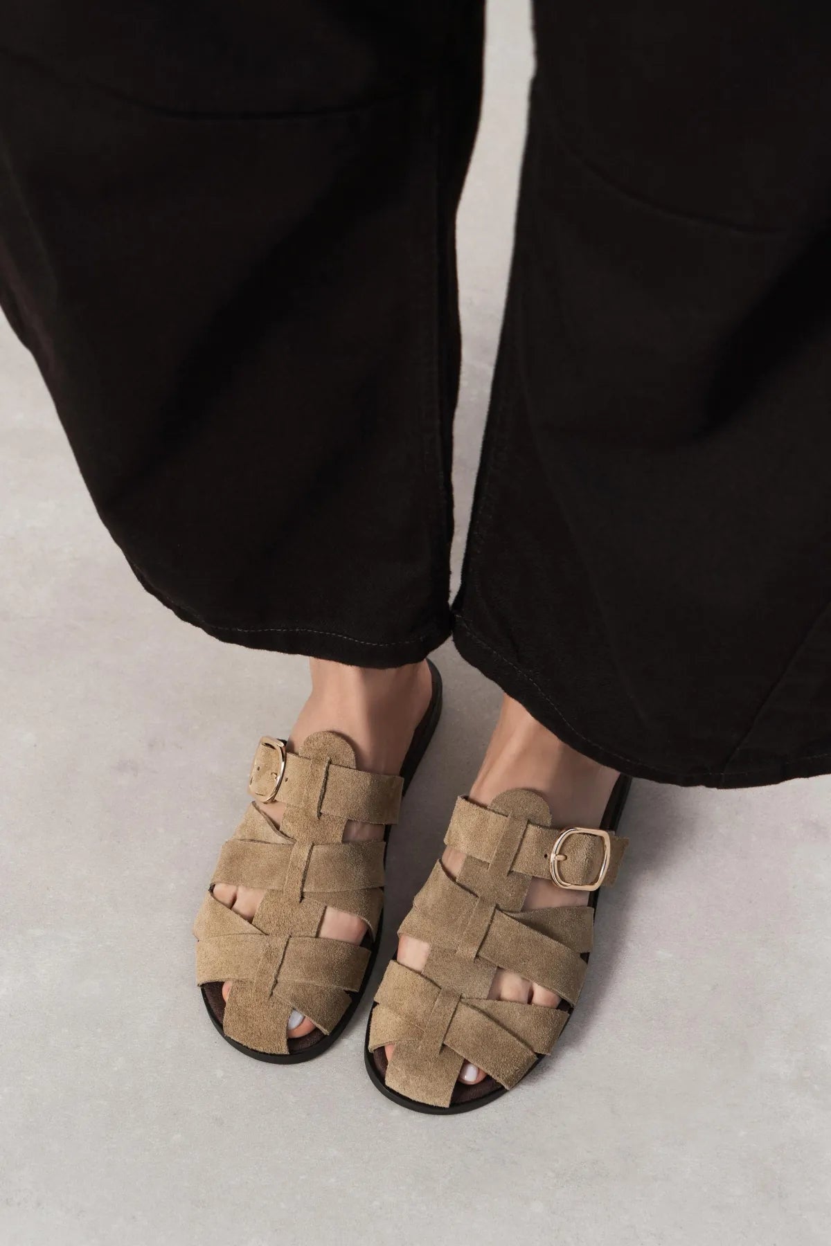 HONEY ROME BEIGE GENUINE SUEDE BUCKLE DETAIL WOMEN’S FLAT SLIPPERS