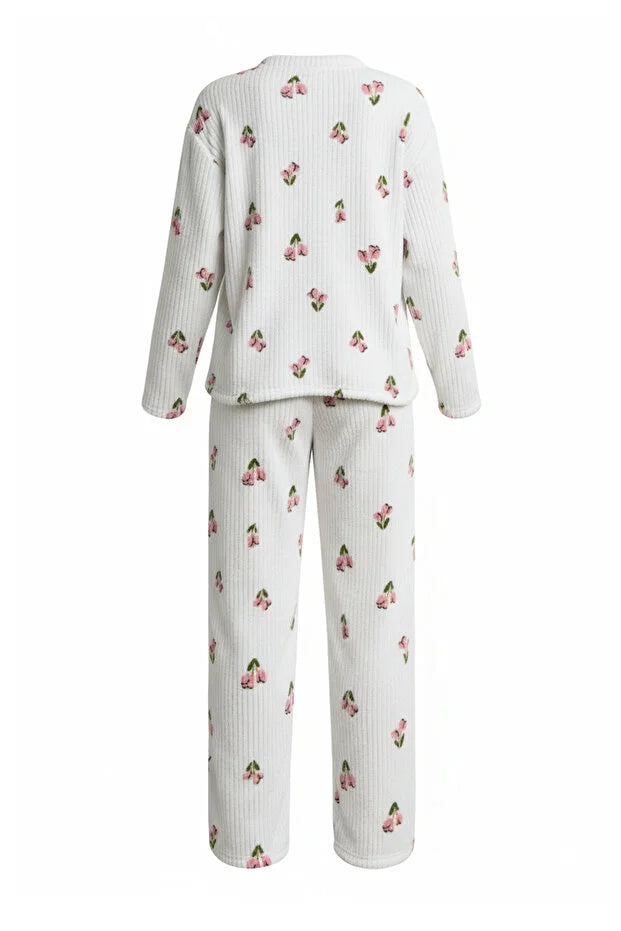 White Floral Soft Touch Ribbed Knit Pajama Set