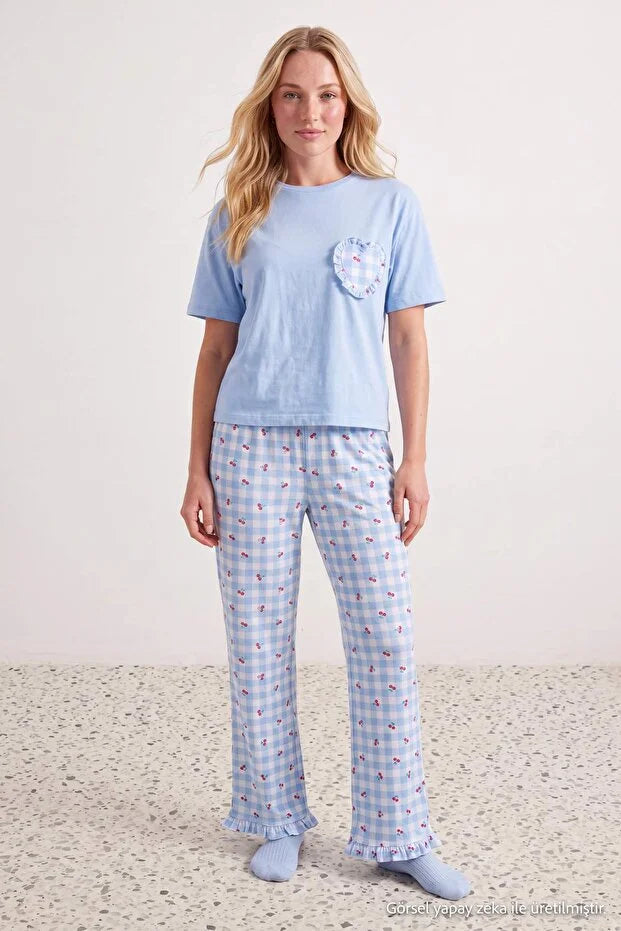 Blue 100% Cotton Cherry & Plaid Ruffle Knit Pajama Set