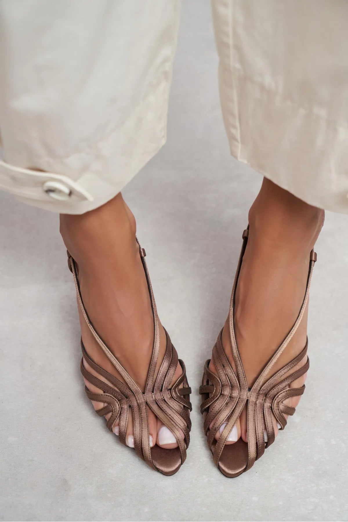 ERYU Brown Satin Open-Toe Cage Detail Women's Heels