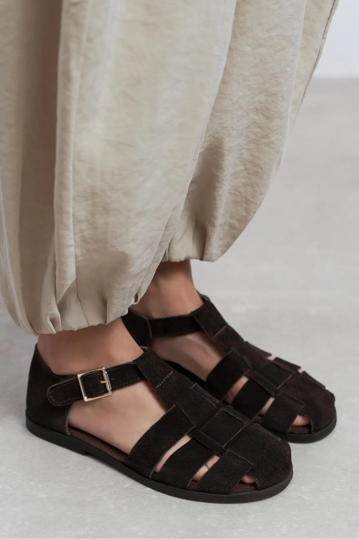 MARCEL Coffee Suede Genuine Leather Buckle Detail Women’s Flat Sandals
