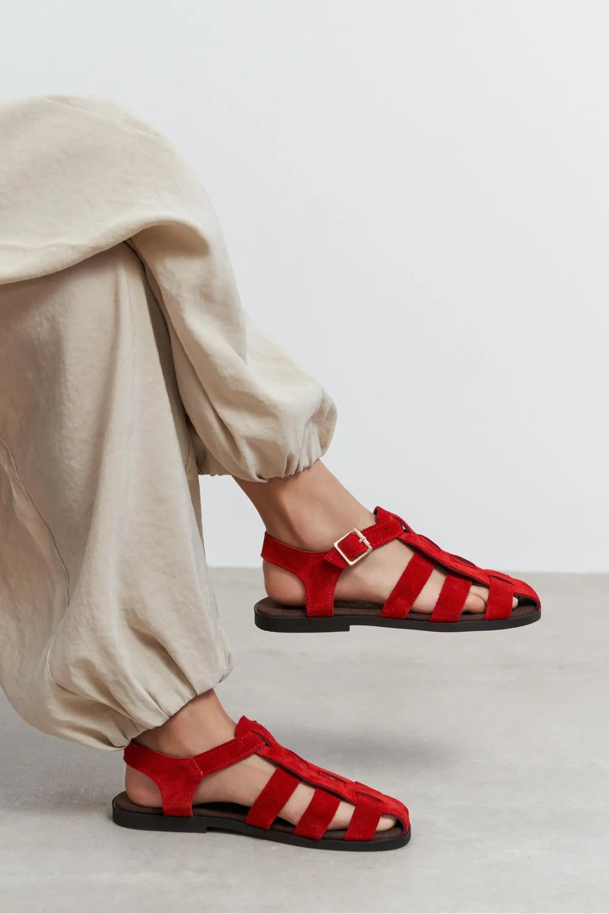 ORBIT Red Suede Genuine Leather Buckle Detail Flat Women’s Sandals | FOOTWEAR | SANDALET | Lebbse ORBIT Red Suede Genuine Leather Buckle Detail Flat Women’s Sandals | FOOTWEAR | SANDALET | Lebbse