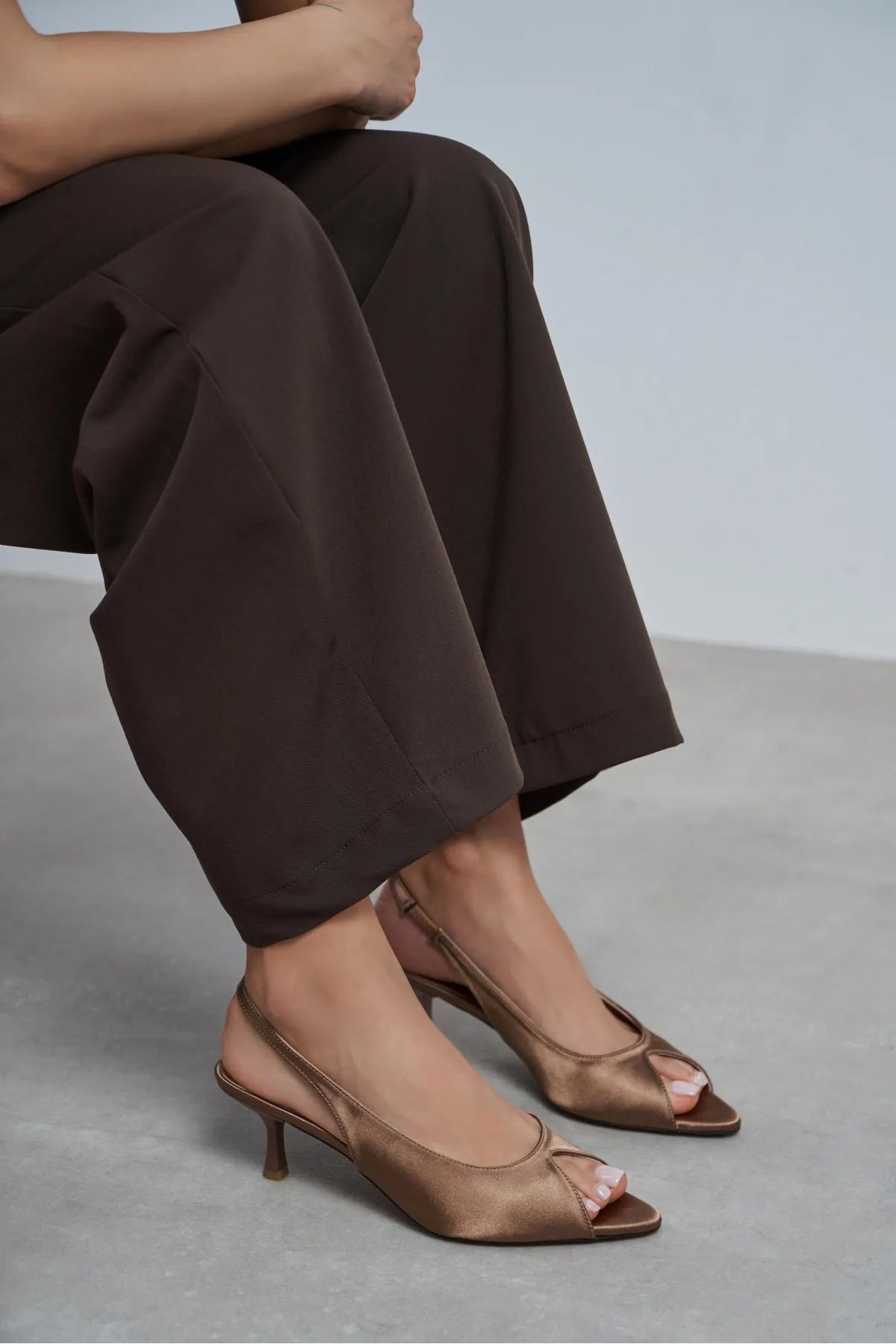 SALVA Brown Satin Pointed Toe Open Front Women’s Heels