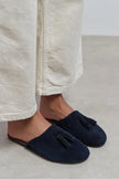 NELLA NAVY BLUE GENUINE SUEDE LEATHER TASSEL DETAIL WOMEN’S FLAT SLIPPERS