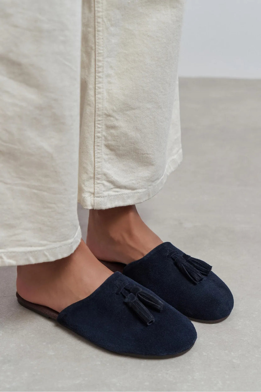 NELLA NAVY BLUE GENUINE SUEDE LEATHER TASSEL DETAIL WOMEN’S FLAT SLIPPERS