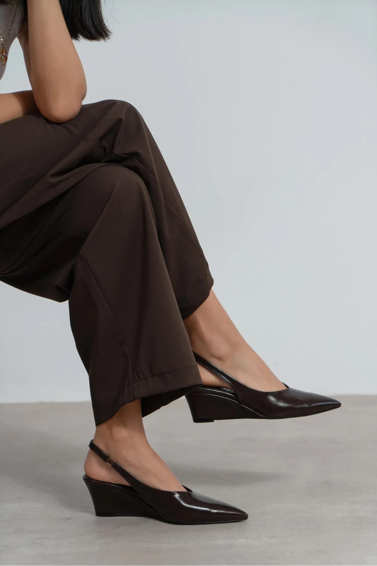 MELONI Coffee Matte Back Strap Detail Pointed Toe Women’s Heel Shoes