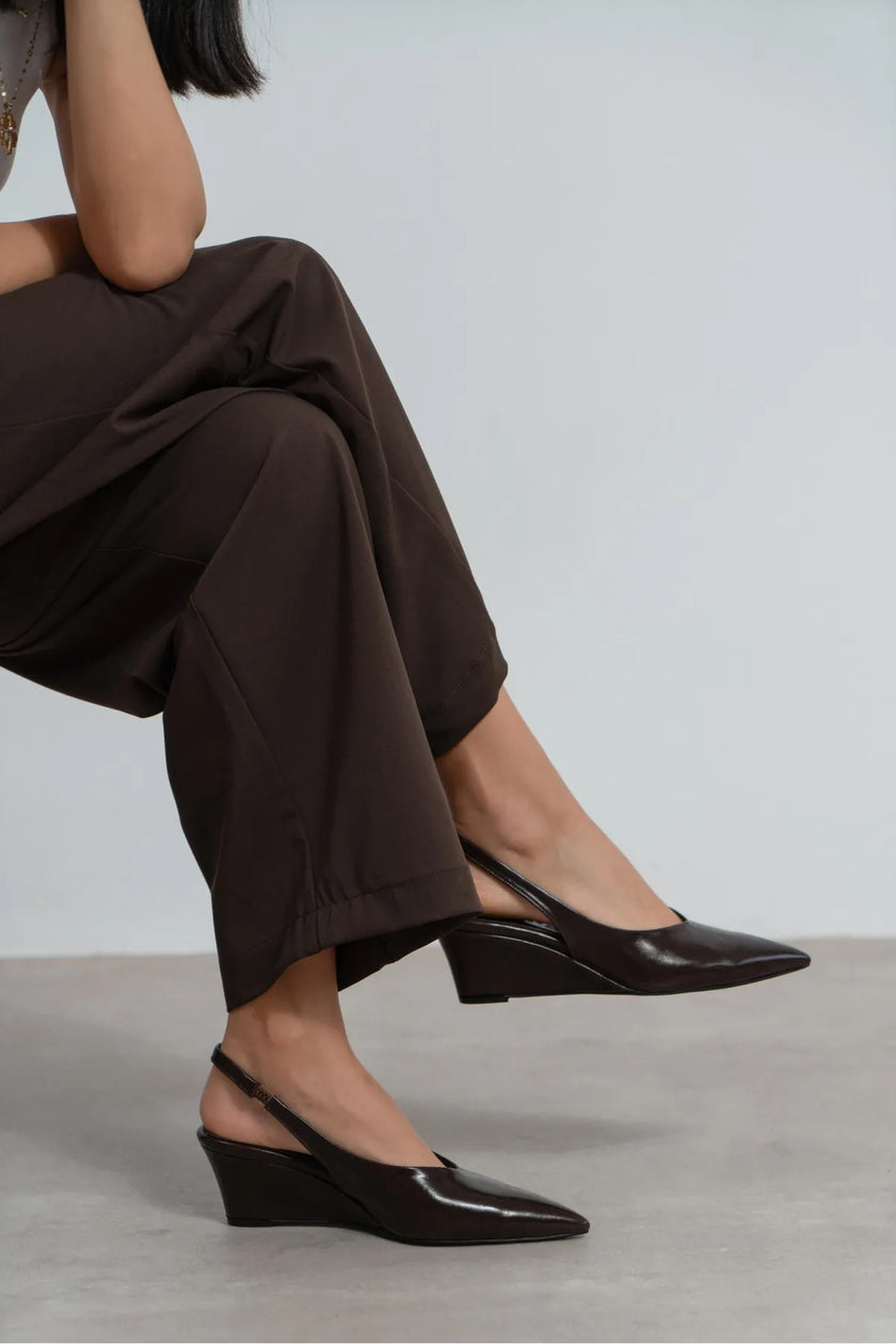 MELONI Coffee Matte Back Strap Detail Pointed Toe Women’s Heel Shoes