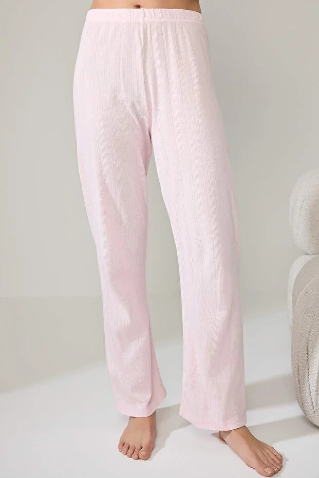 Pink 100% Cotton Piping Detail Cherry Embroidered Pointelle/Ribbed Knit Pajama Set