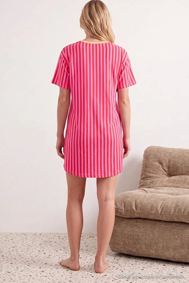 Pink  Cotton Striped Slogan Print Knit Nightdress