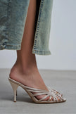 JUDITH Dark Beige Satin Open Toe Cage Detail Women’s Heeled
