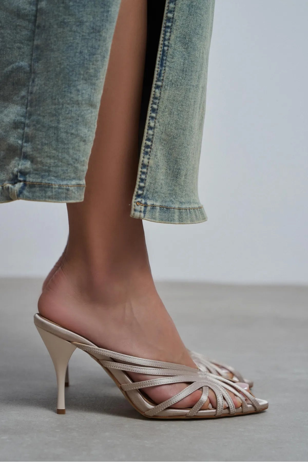 JUDITH Dark Beige Satin Open Toe Cage Detail Women’s Heeled