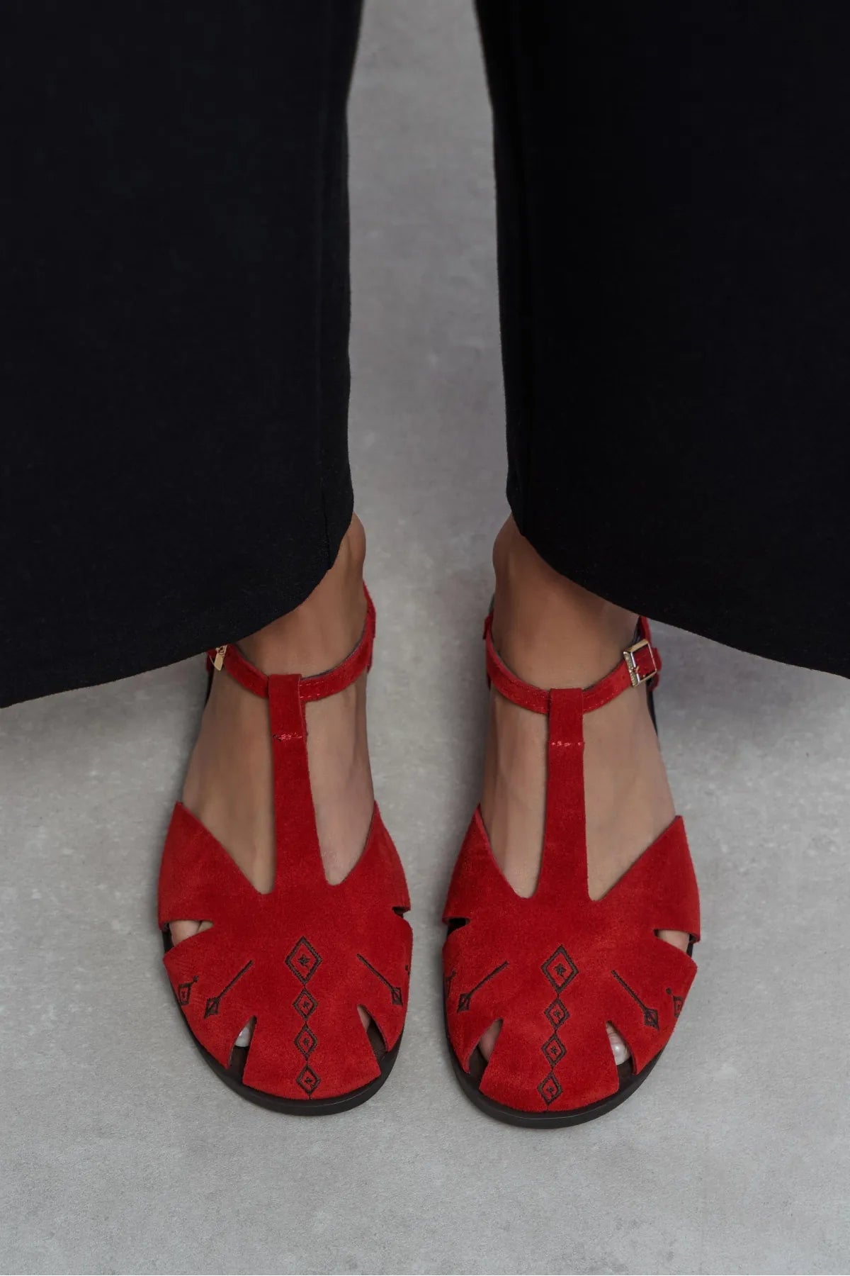 WOOD Red Suede Leather Embroidered Flat Sole Women’s Sandals