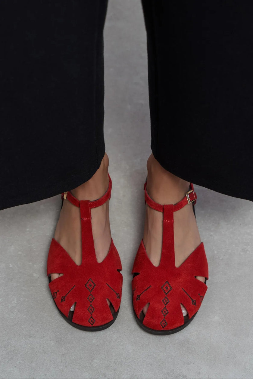WOOD Red Suede Leather Embroidered Flat Sole Women’s Sandals
