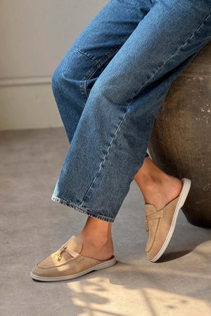Most Nude Suede Genuine Leather Tassel Detail Flat Sole Women's Slippers